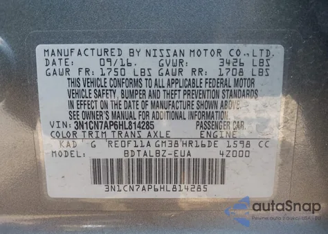 2017 Nissan Versa 1.6 S/1.6 S+/1.6 Sl/1.6 Sv from USA, damaged, VIN 3N1CN7AP6HL814285